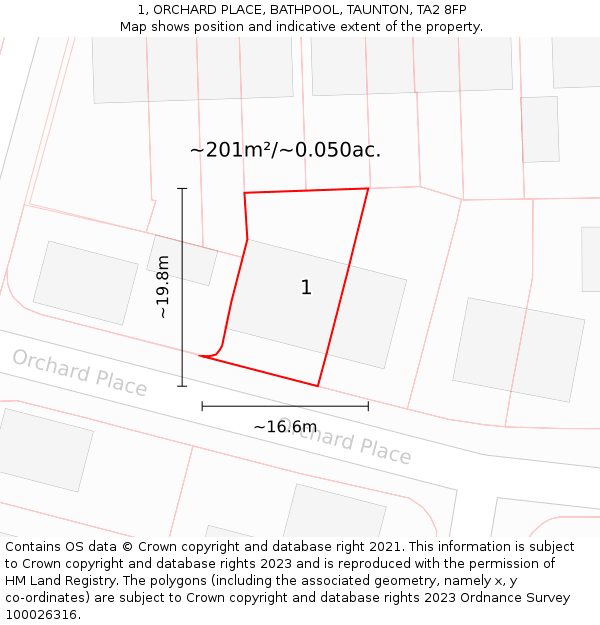 1, ORCHARD PLACE, BATHPOOL, TAUNTON, TA2 8FP: Plot and title map