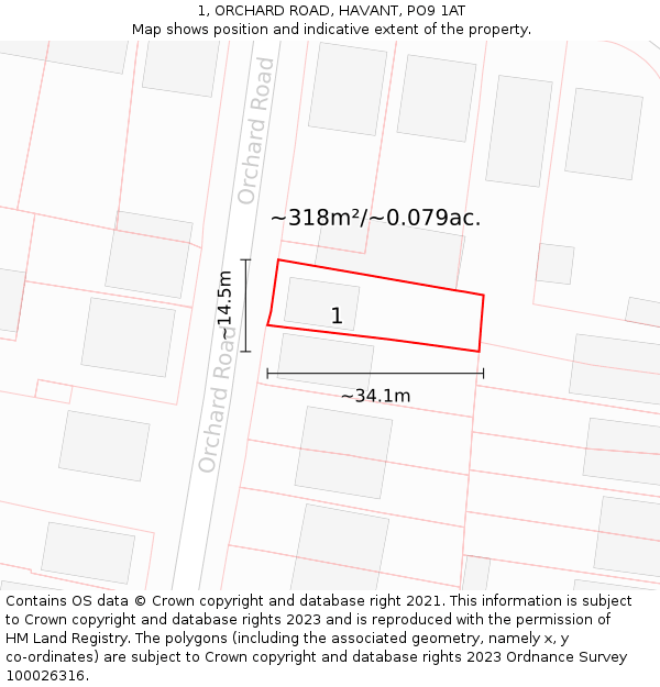 1, ORCHARD ROAD, HAVANT, PO9 1AT: Plot and title map