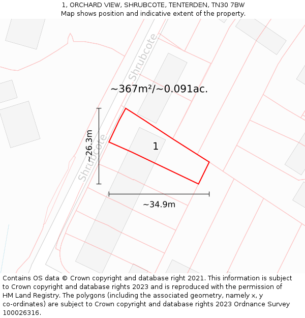 1, ORCHARD VIEW, SHRUBCOTE, TENTERDEN, TN30 7BW: Plot and title map