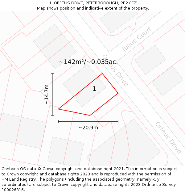 1, ORFEUS DRIVE, PETERBOROUGH, PE2 8FZ: Plot and title map