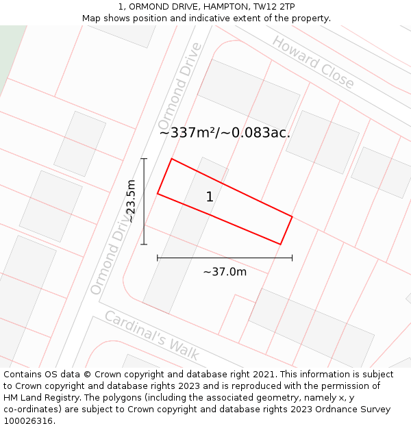 1, ORMOND DRIVE, HAMPTON, TW12 2TP: Plot and title map