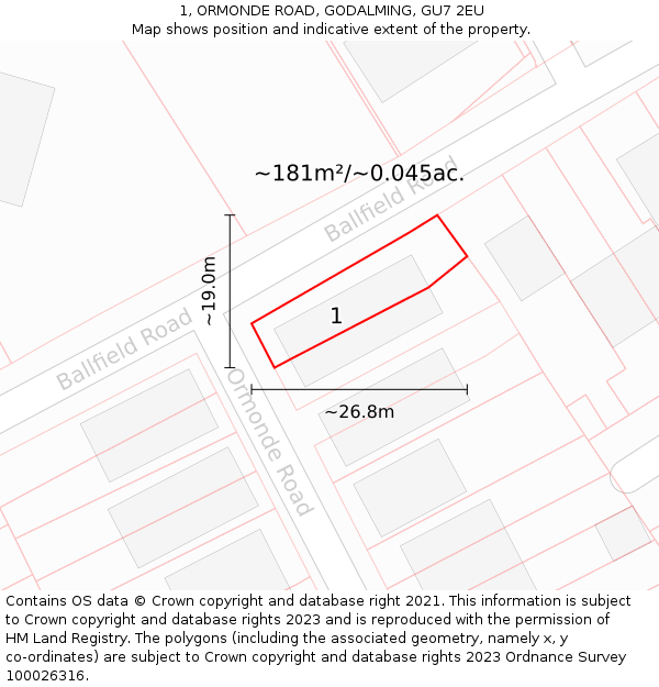 1, ORMONDE ROAD, GODALMING, GU7 2EU: Plot and title map