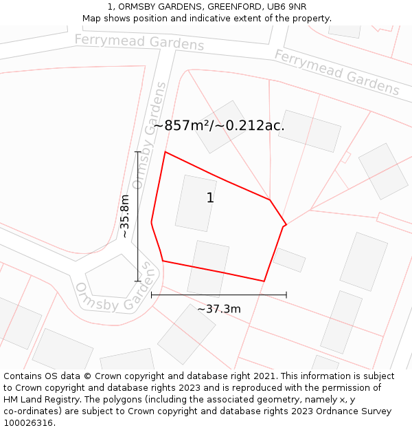 1, ORMSBY GARDENS, GREENFORD, UB6 9NR: Plot and title map