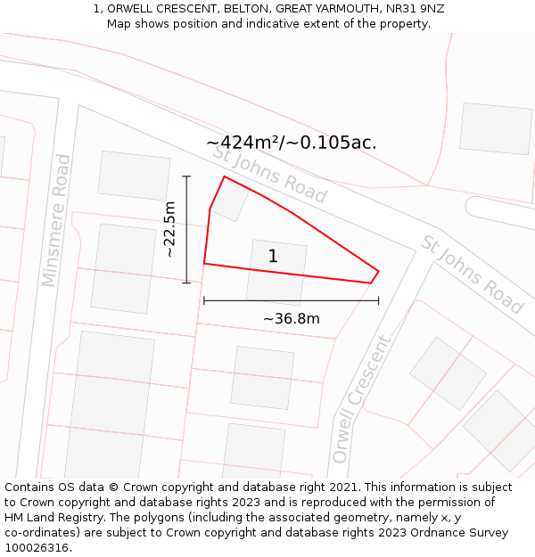 1, ORWELL CRESCENT, BELTON, GREAT YARMOUTH, NR31 9NZ: Plot and title map