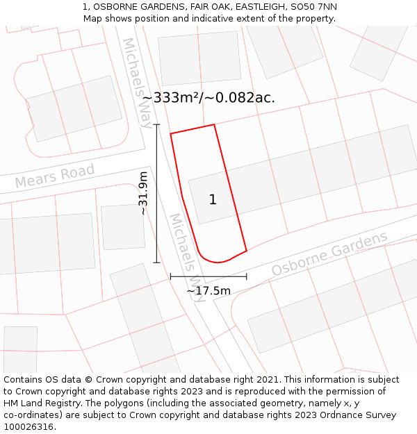 1, OSBORNE GARDENS, FAIR OAK, EASTLEIGH, SO50 7NN: Plot and title map