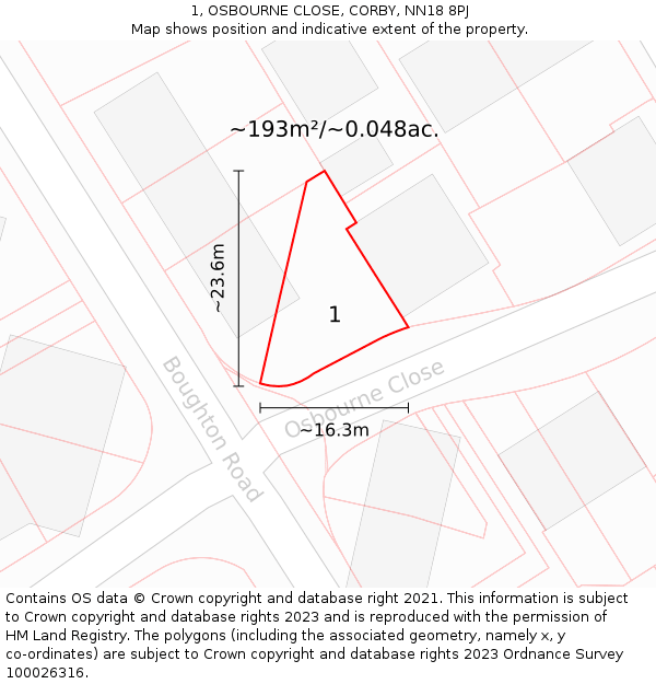 1, OSBOURNE CLOSE, CORBY, NN18 8PJ: Plot and title map