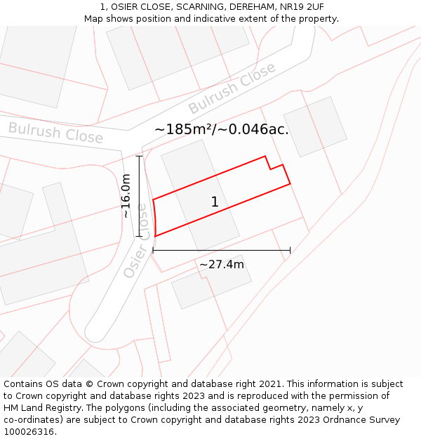 1, OSIER CLOSE, SCARNING, DEREHAM, NR19 2UF: Plot and title map