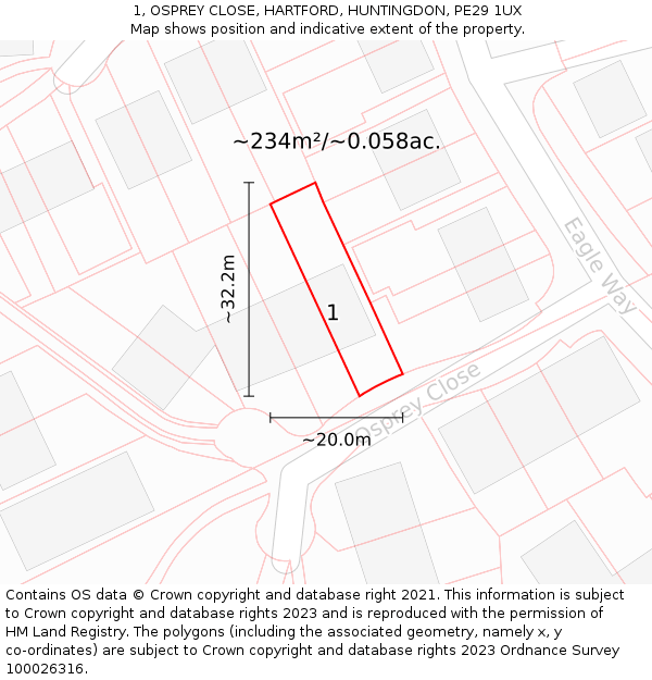1, OSPREY CLOSE, HARTFORD, HUNTINGDON, PE29 1UX: Plot and title map