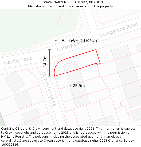 1, OSWIN GARDENS, BRADFORD, BD2 1DN: Plot and title map