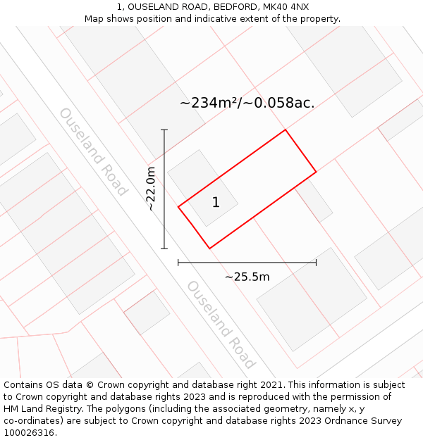 1, OUSELAND ROAD, BEDFORD, MK40 4NX: Plot and title map