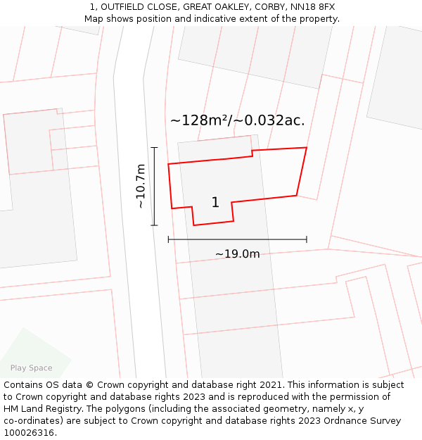 1, OUTFIELD CLOSE, GREAT OAKLEY, CORBY, NN18 8FX: Plot and title map
