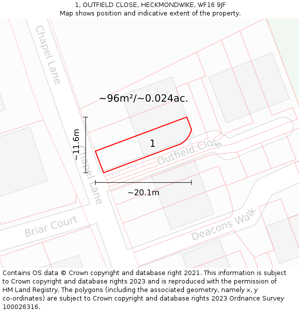 1, OUTFIELD CLOSE, HECKMONDWIKE, WF16 9JF: Plot and title map