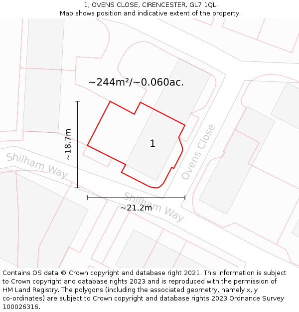 1, OVENS CLOSE, CIRENCESTER, GL7 1QL: Plot and title map