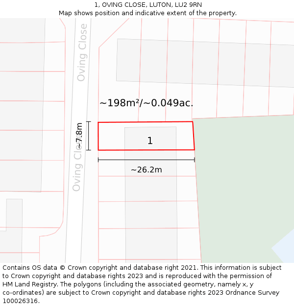 1, OVING CLOSE, LUTON, LU2 9RN: Plot and title map