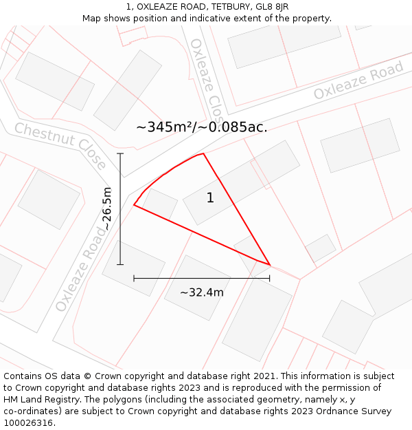 1, OXLEAZE ROAD, TETBURY, GL8 8JR: Plot and title map