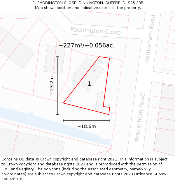 1, PADDINGTON CLOSE, DINNINGTON, SHEFFIELD, S25 3RR: Plot and title map