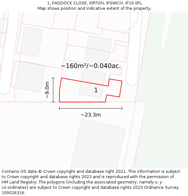 1, PADDOCK CLOSE, KIRTON, IPSWICH, IP10 0FL: Plot and title map