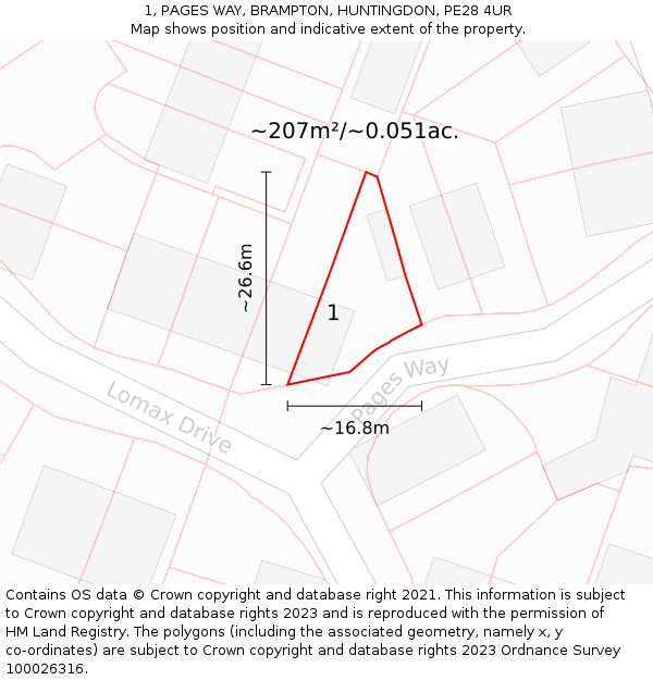 1, PAGES WAY, BRAMPTON, HUNTINGDON, PE28 4UR: Plot and title map