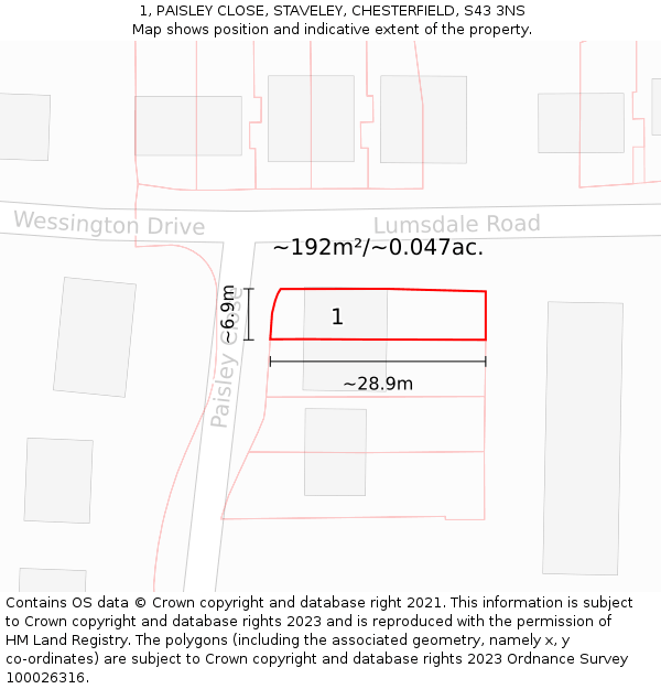 1, PAISLEY CLOSE, STAVELEY, CHESTERFIELD, S43 3NS: Plot and title map