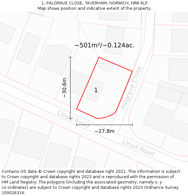 1, PALGRAVE CLOSE, TAVERHAM, NORWICH, NR8 6LP: Plot and title map