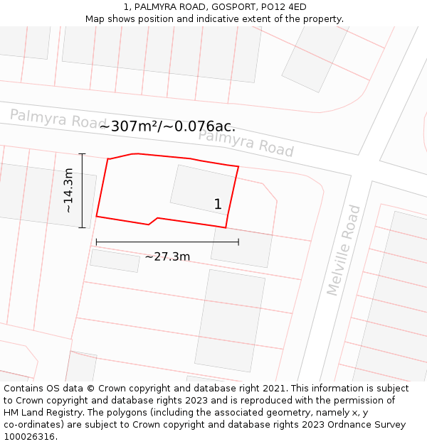1, PALMYRA ROAD, GOSPORT, PO12 4ED: Plot and title map