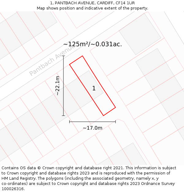 1, PANTBACH AVENUE, CARDIFF, CF14 1UR: Plot and title map