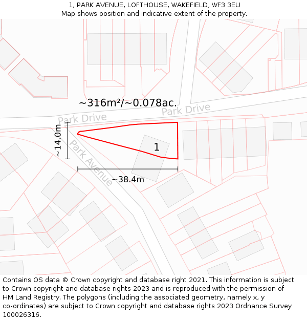 1, PARK AVENUE, LOFTHOUSE, WAKEFIELD, WF3 3EU: Plot and title map