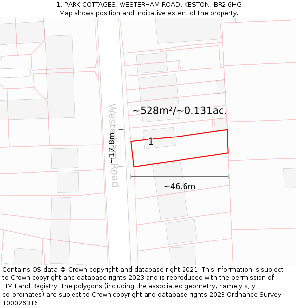 1, PARK COTTAGES, WESTERHAM ROAD, KESTON, BR2 6HG: Plot and title map