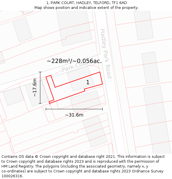 1, PARK COURT, HADLEY, TELFORD, TF1 6AD: Plot and title map