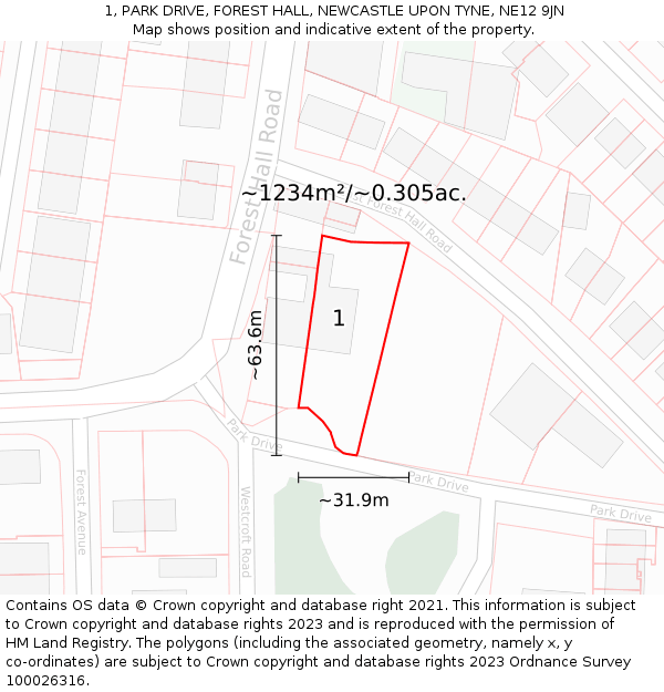1, PARK DRIVE, FOREST HALL, NEWCASTLE UPON TYNE, NE12 9JN: Plot and title map