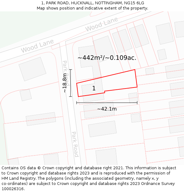 1, PARK ROAD, HUCKNALL, NOTTINGHAM, NG15 6LG: Plot and title map