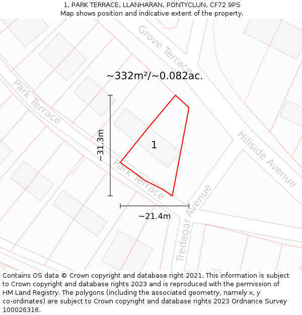 1, PARK TERRACE, LLANHARAN, PONTYCLUN, CF72 9PS: Plot and title map