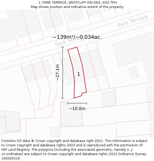 1, PARK TERRACE, WESTCLIFF-ON-SEA, SS0 7PH: Plot and title map