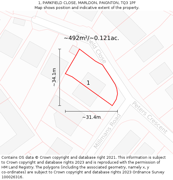 1, PARKFIELD CLOSE, MARLDON, PAIGNTON, TQ3 1PF: Plot and title map