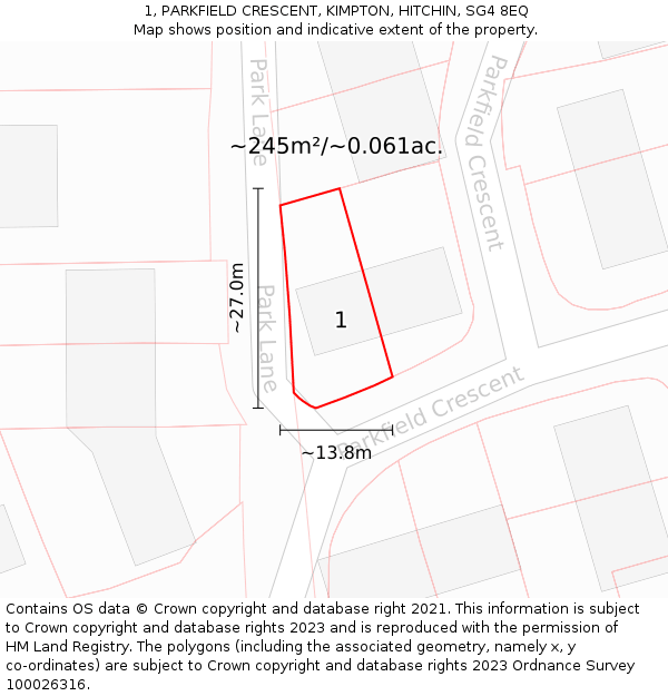 1, PARKFIELD CRESCENT, KIMPTON, HITCHIN, SG4 8EQ: Plot and title map