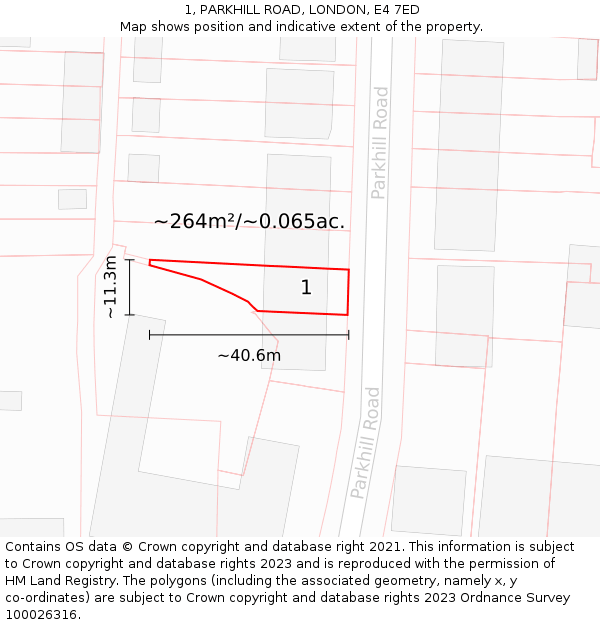 1, PARKHILL ROAD, LONDON, E4 7ED: Plot and title map