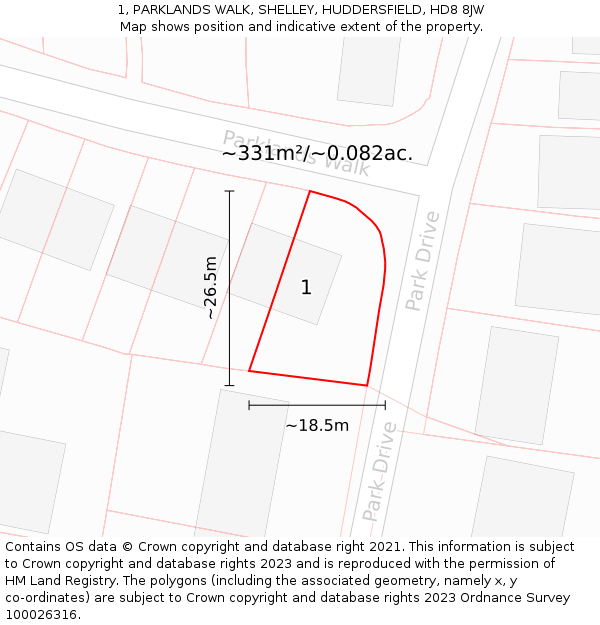 1, PARKLANDS WALK, SHELLEY, HUDDERSFIELD, HD8 8JW: Plot and title map