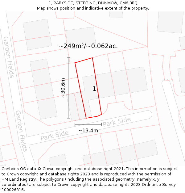 1, PARKSIDE, STEBBING, DUNMOW, CM6 3RQ: Plot and title map