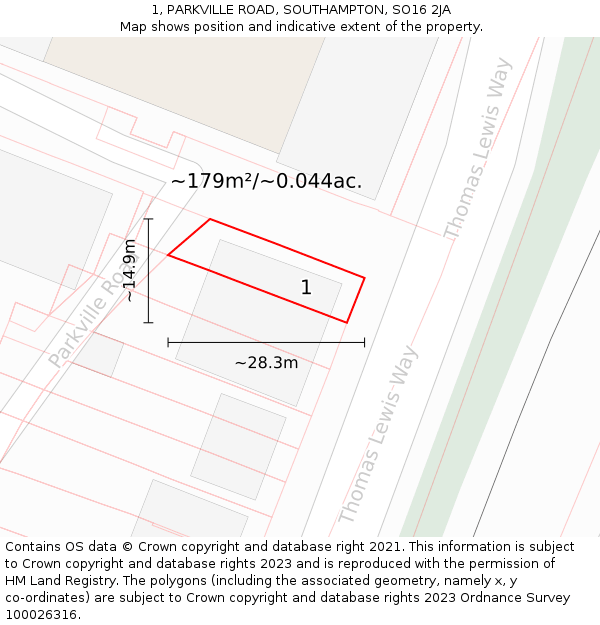 1, PARKVILLE ROAD, SOUTHAMPTON, SO16 2JA: Plot and title map
