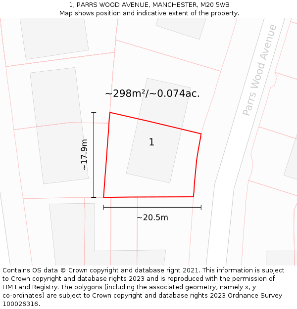 1, PARRS WOOD AVENUE, MANCHESTER, M20 5WB: Plot and title map