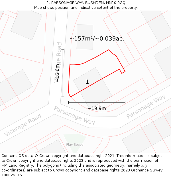 1, PARSONAGE WAY, RUSHDEN, NN10 0GQ: Plot and title map