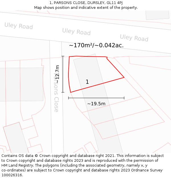 1, PARSONS CLOSE, DURSLEY, GL11 4PJ: Plot and title map