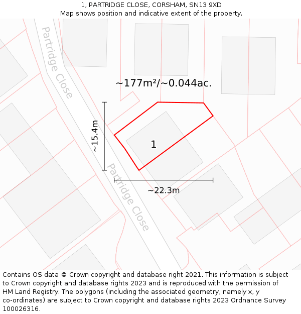 1, PARTRIDGE CLOSE, CORSHAM, SN13 9XD: Plot and title map