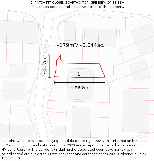 1, PATCHETT CLOSE, SCARTHO TOP, GRIMSBY, DN33 3SA: Plot and title map