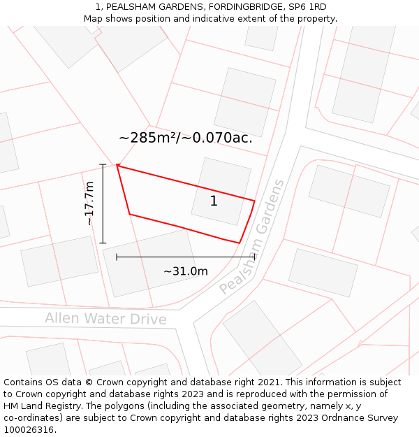 1, PEALSHAM GARDENS, FORDINGBRIDGE, SP6 1RD: Plot and title map