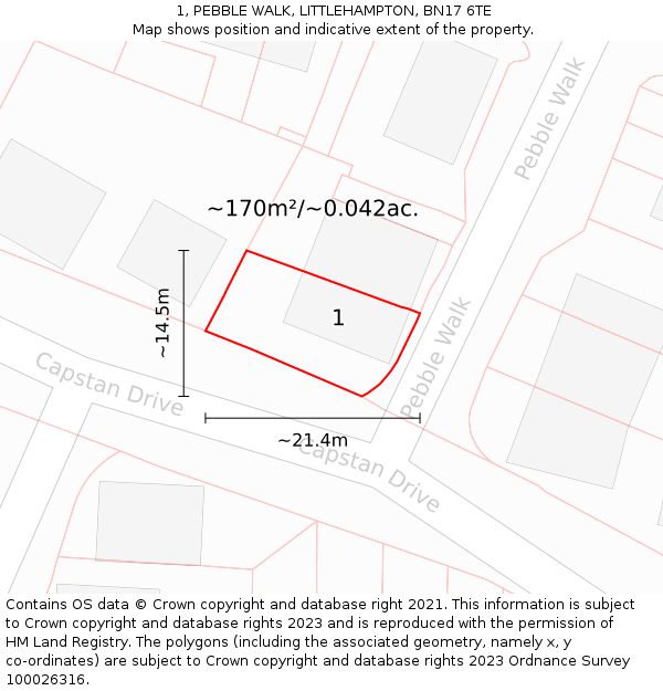 1, PEBBLE WALK, LITTLEHAMPTON, BN17 6TE: Plot and title map