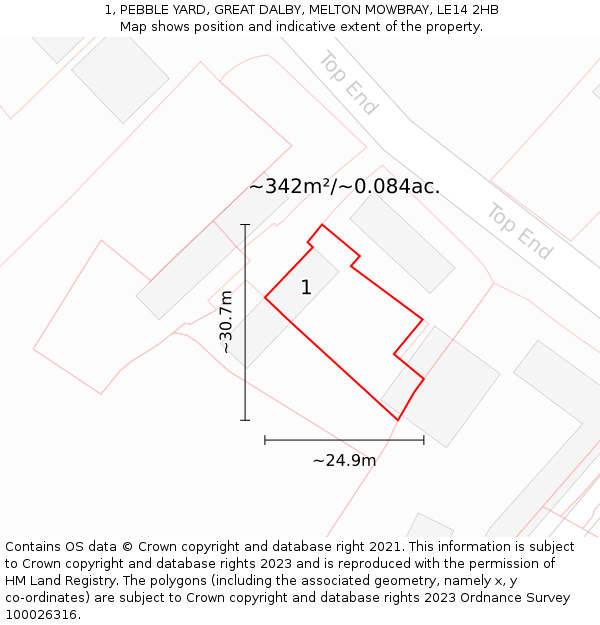 1, PEBBLE YARD, GREAT DALBY, MELTON MOWBRAY, LE14 2HB: Plot and title map