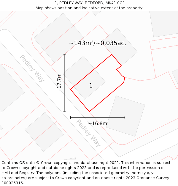 1, PEDLEY WAY, BEDFORD, MK41 0GF: Plot and title map