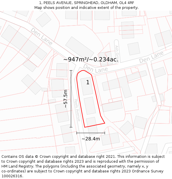 1, PEELS AVENUE, SPRINGHEAD, OLDHAM, OL4 4RF: Plot and title map