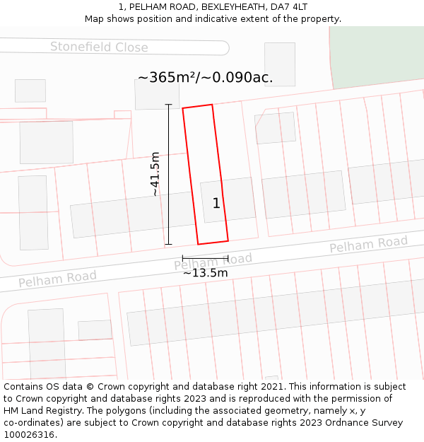 1, PELHAM ROAD, BEXLEYHEATH, DA7 4LT: Plot and title map